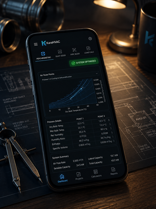 KaraHVAC mobile application interface on an engineering desk